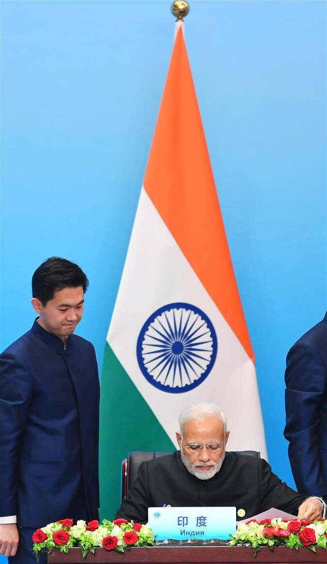 The Prime Minister, Shri Narendra Modi at the Signing Ceremony of the Shanghai Cooperation Organisation (SCO) Summit, in Qingdao, China on June 10, 2018.