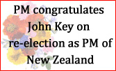 PM congratulates John Key on re-election as PM​ of New Zealand