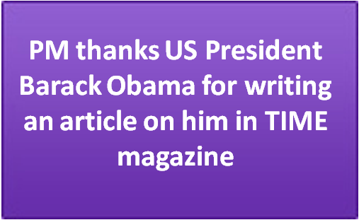 PM thanks US President Barack Obama for writing an article on him in TIME magazine