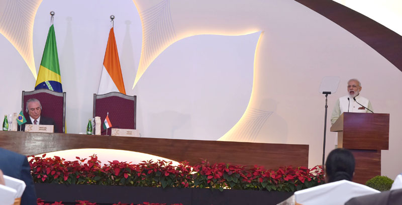 The Prime Minister, Shri Narendra Modi participates in Joint Press Statement after India-Brazil MOU signing ceremony, in Goa on October 17, 2016.