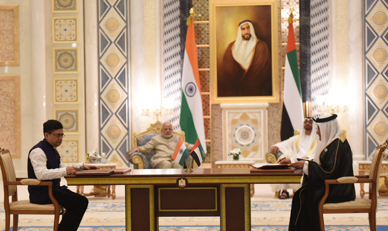 The Prime Minister, Shri Narendra Modi and the Crown Prince of Abu Dhabi, Deputy Supreme Commander of U.A.E. Armed Forces, General Sheikh Mohammed Bin Zayed Al Nahyan witnessing the signing of agreements, at Presidential Palace, in Abu Dhabi, United Arab Emirates on February 10, 2018.