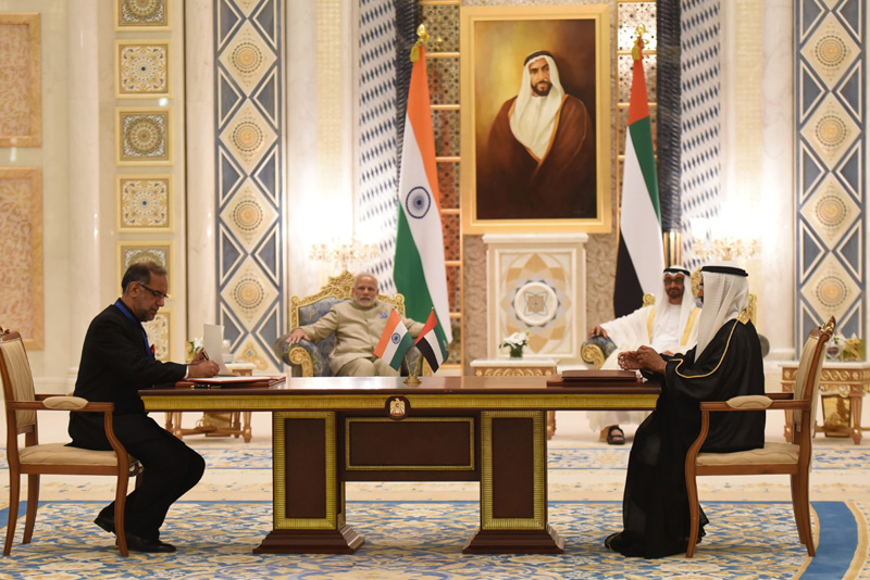 The Prime Minister, Shri Narendra Modi and the Crown Prince of Abu Dhabi, Deputy Supreme Commander of U.A.E. Armed Forces, General Sheikh Mohammed Bin Zayed Al Nahyan witnessing the signing of agreements, at Presidential Palace, in Abu Dhabi, United Arab Emirates on February 10, 2018.