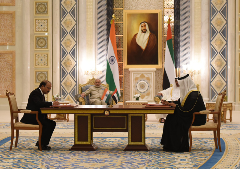 The Prime Minister, Shri Narendra Modi and the Crown Prince of Abu Dhabi, Deputy Supreme Commander of U.A.E. Armed Forces, General Sheikh Mohammed Bin Zayed Al Nahyan witnessing the signing of agreements, at Presidential Palace, in Abu Dhabi, United Arab Emirates on February 10, 2018.