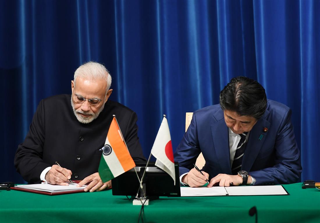 The Prime Minister, Shri Narendra Modi and the Prime Minister of Japan, Mr. Shinzo Abe at the ceremony for signing and exchange of agreements, in Tokyo, Japan on October 29, 2018.