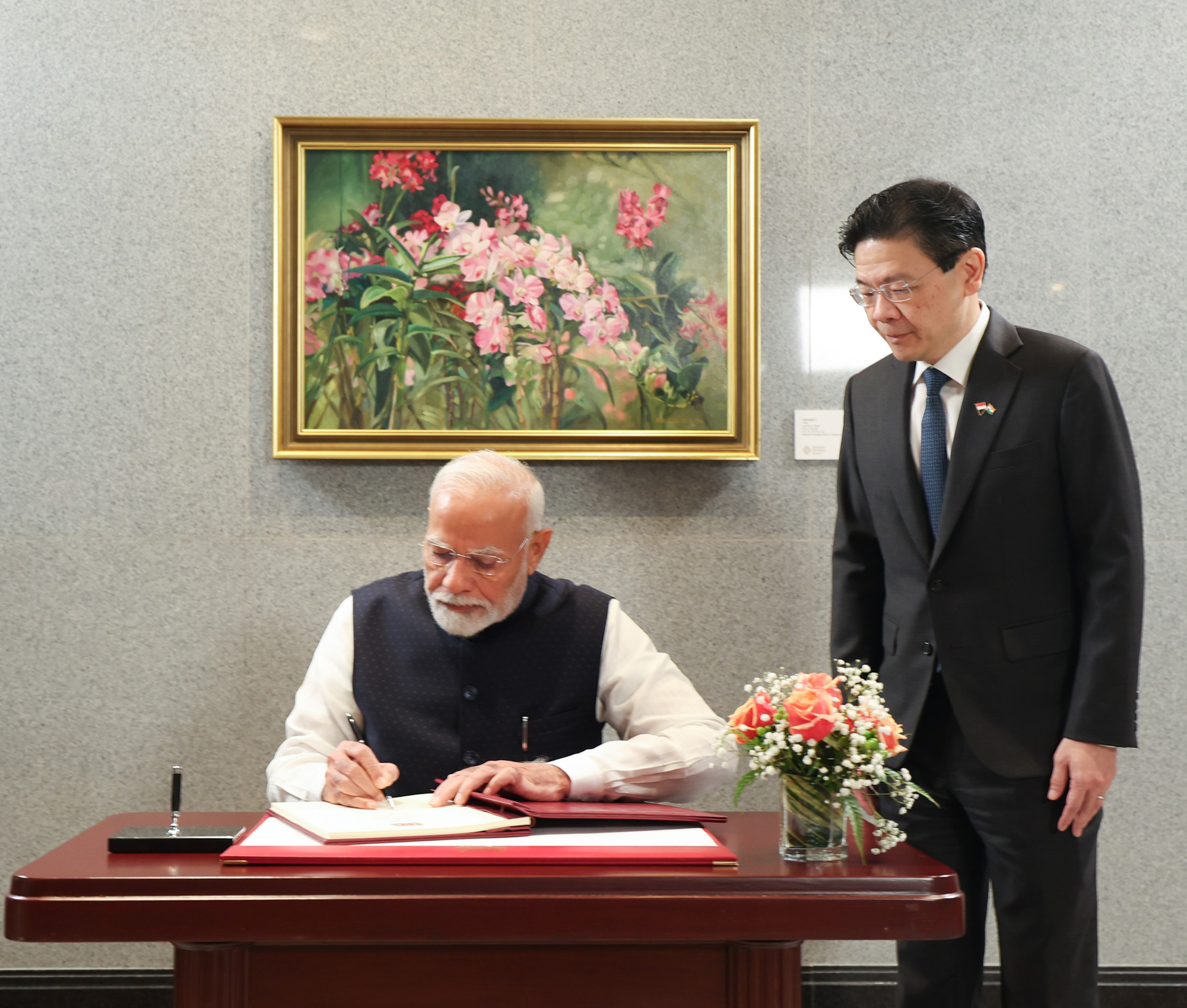 PM signing of Visitors Book, during the Ceremonial Welcome, in Singapore on September 05, 2024.