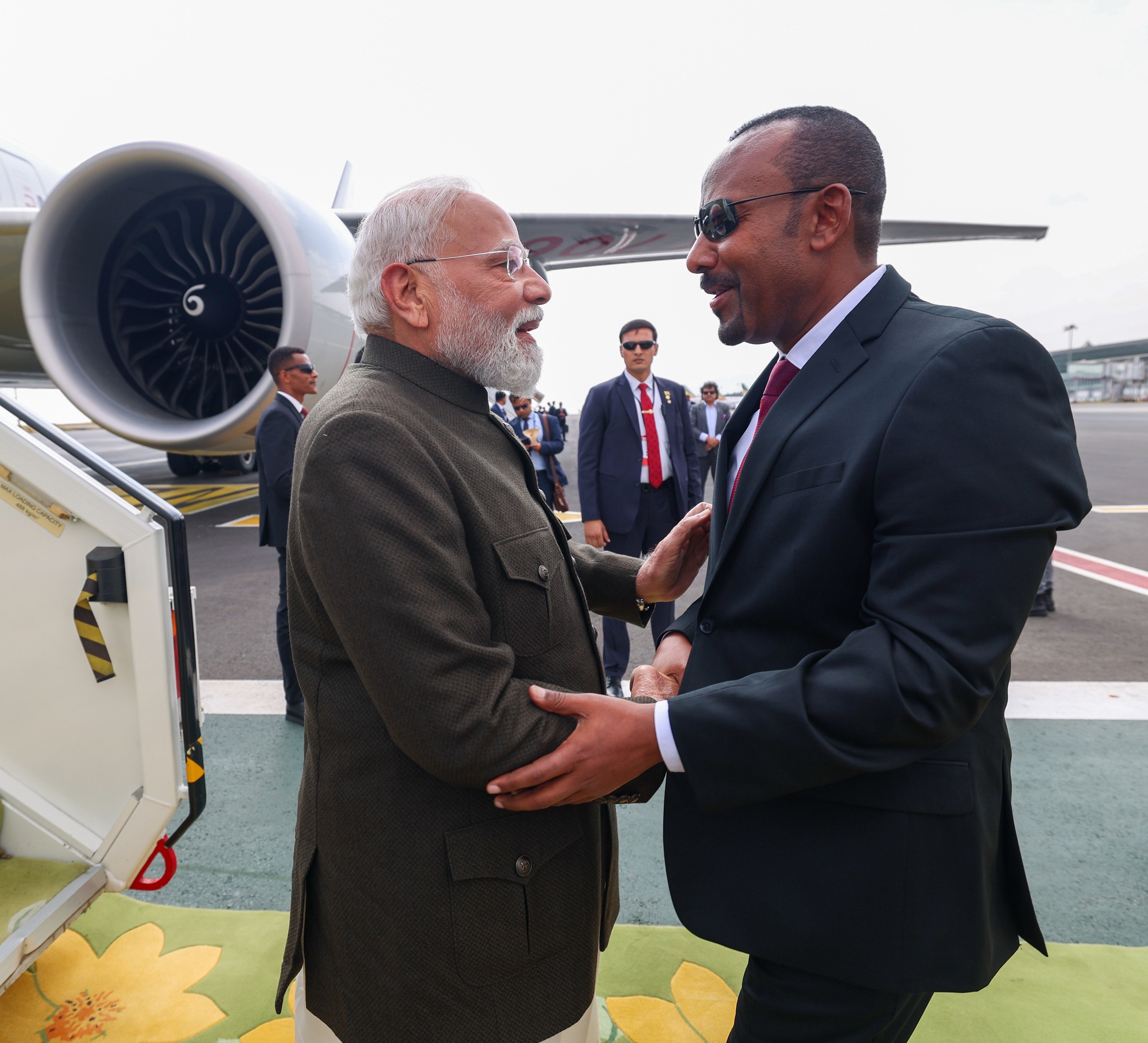 PM receives warm welcome by PM of Ethiopia, Dr Abiy Ahmed Ali on his arrival at Addis Ababa Bole International Airport, in Ethiopia on December 16, 2025.