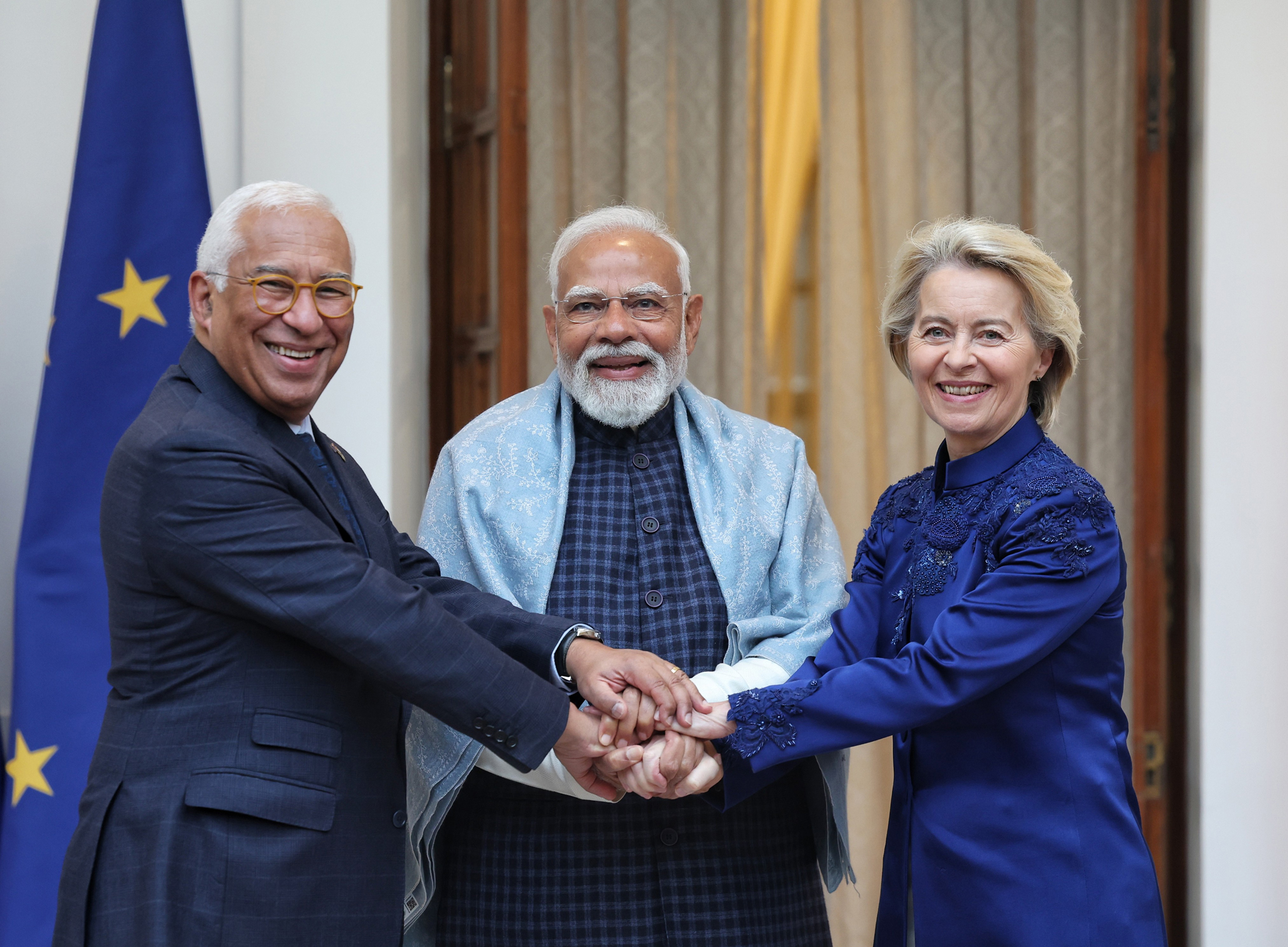 PM meets the President of the European Council, Mr. António Luís Santos da Costa and the President of the European Commission, Ms. Ursula von der Leyen at Hyderabad House, in New Delhi on January 27, 2026.