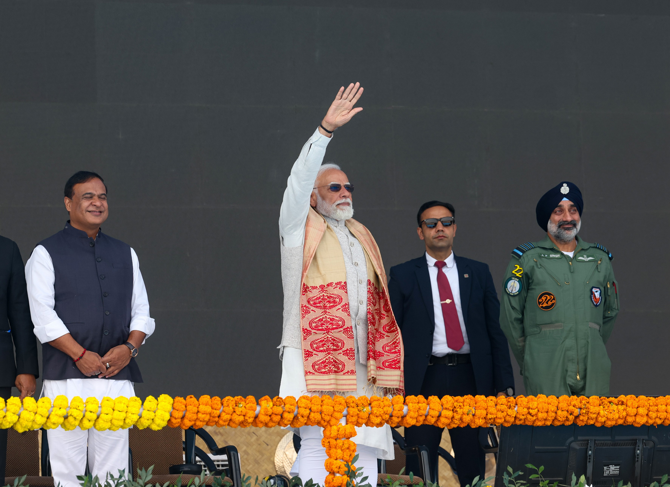 PM witnesses the Aerial Display of Indian Air Force fighter aircrafts, Transports and Helicopters at Emergency Landing Facility (ELF) on the Moran Bypass at Dibrugarh, in Assam on February 14, 2026.