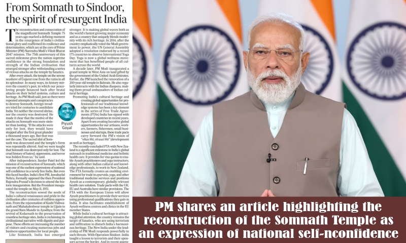 PM shares an article highlighting the reconstruction of the Somnath Temple as an expression of national self-confidence