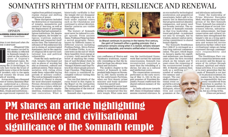 PM shares an article highlighting the resilience and civilisational significance of the Somnath temple
