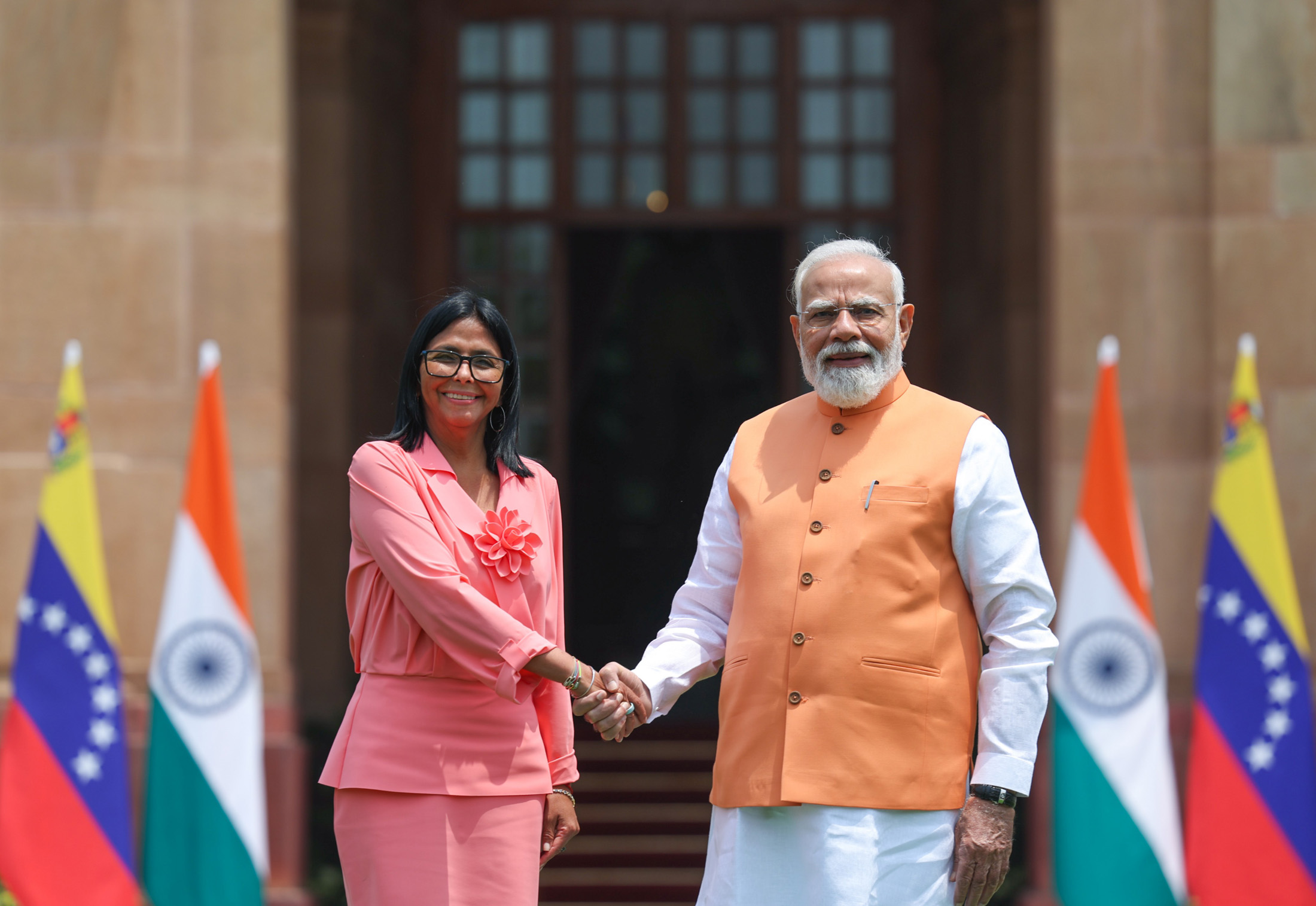 PM meeting with Ms. Delcy Rodriguez, Acting President of the Bolivarian Republic of Venezuela at Hyderabad House, in New Delhi on June 04, 2026.