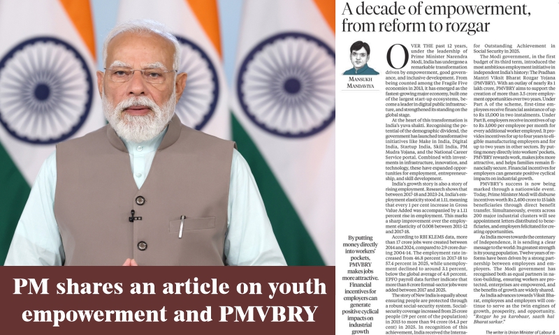 PM shares an article on youth empowerment and PMVBRY
