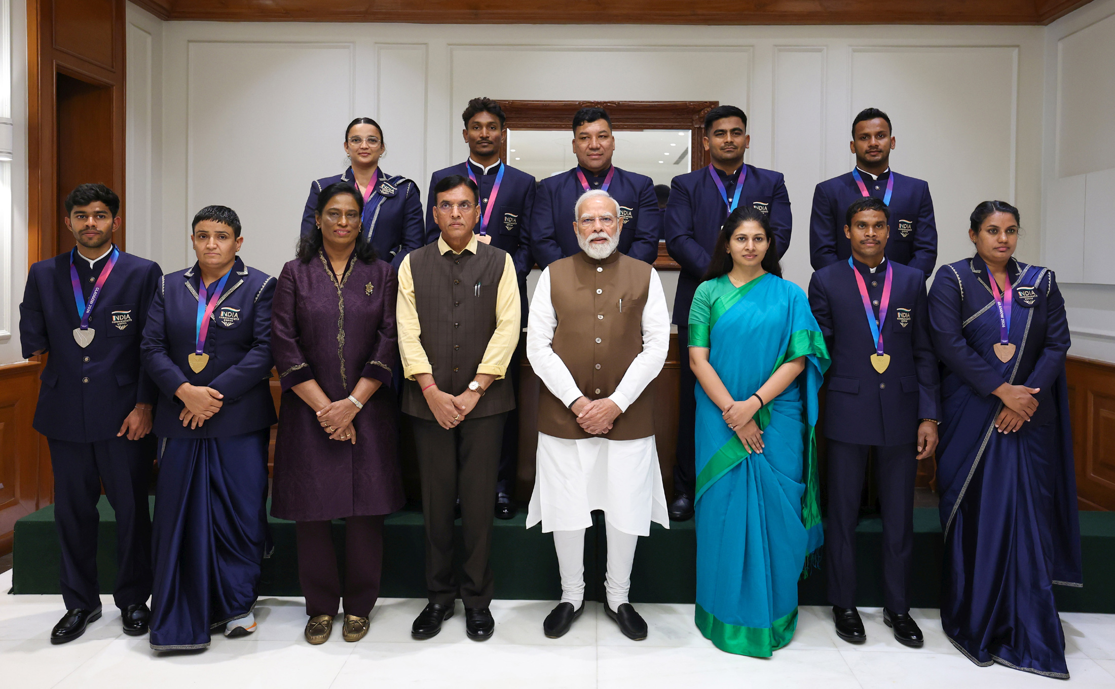 PM interaction with Commonwealth Games medal winners at his residence, in New Delhi on August 09, 2026.
