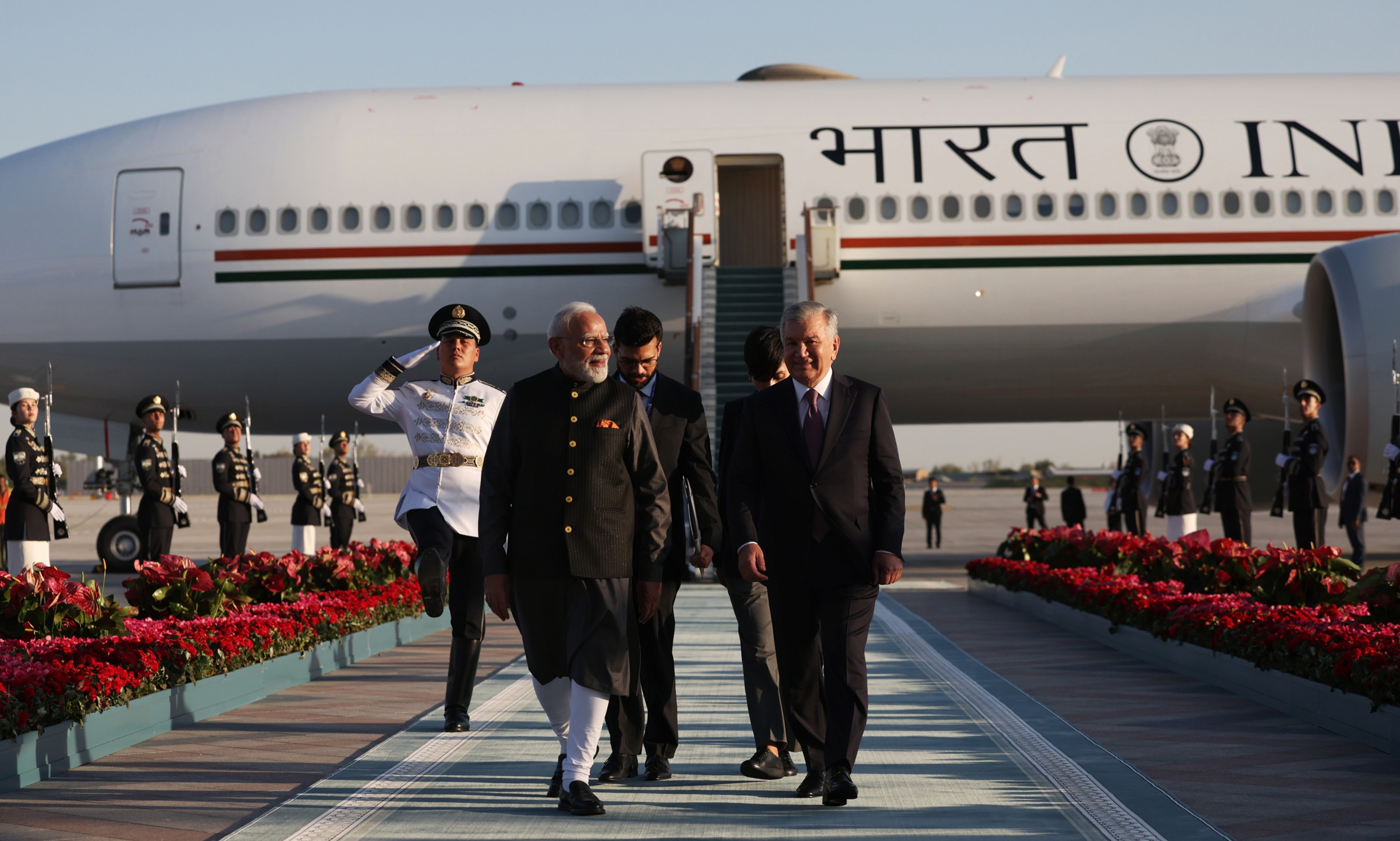 PM receives warm welcome by President of the Republic of Uzbekistan, Mr. Shavkat Mirziyoyev on his arrival at Tashkent, in Uzbekistan on August 29, 2026.