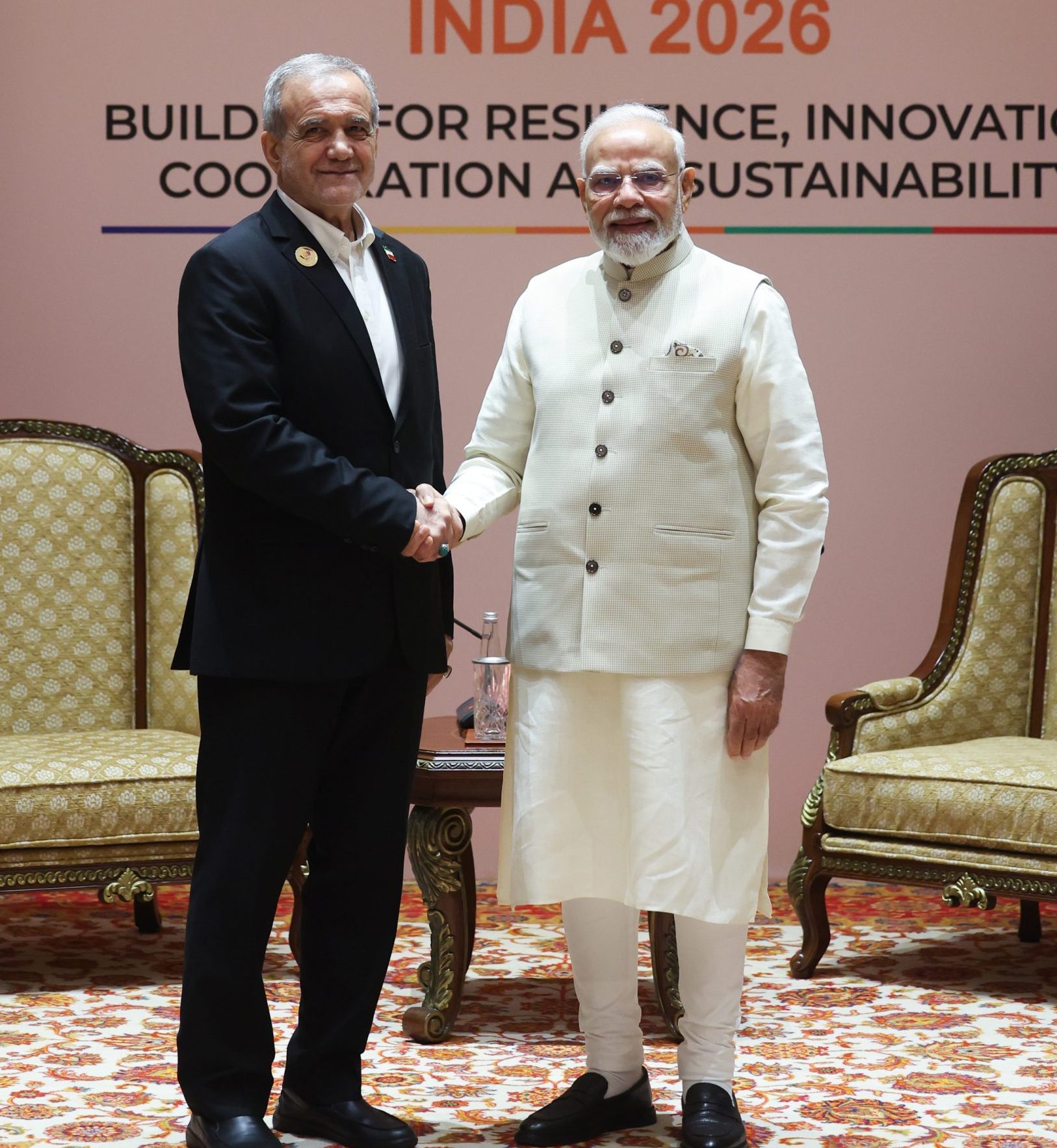 PM meeting with the President of the Islamic Republic of Iran, Mr. Masoud Pezeshkian on the sidelines of the 18th BRICS Summit at Bharat Mandapam, in New Delhi on September 11, 2026.