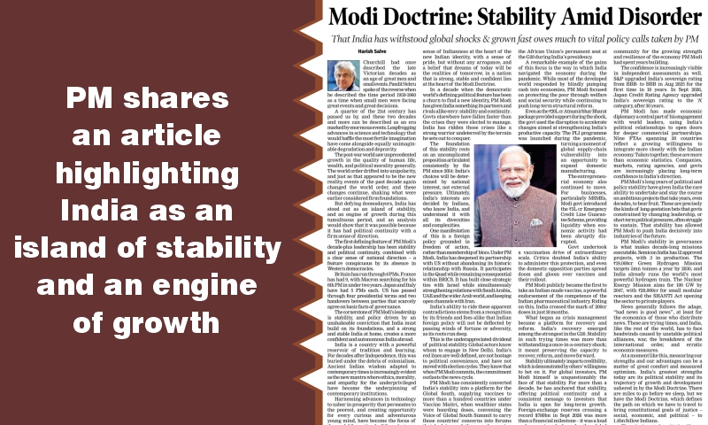 PM shares an article highlighting India as an island of stability and an engine of growth