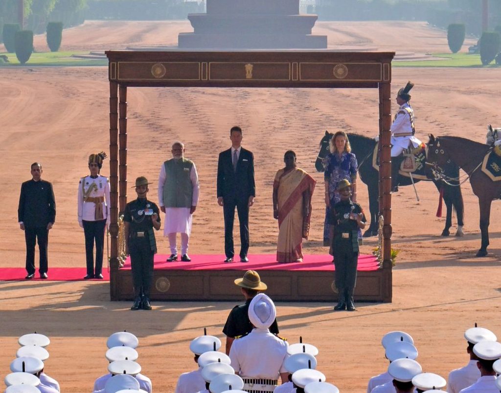 PM at the ceremonial reception of the H.S.H. Hereditary Prince Alois of Liechtenstein at Rashtrapati Bhavan, in New Delhi on October 27, 2026.