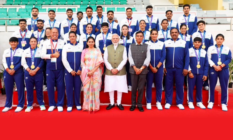 PM interacts with the contingent of Indian athletes who participated in Asian Games 2026